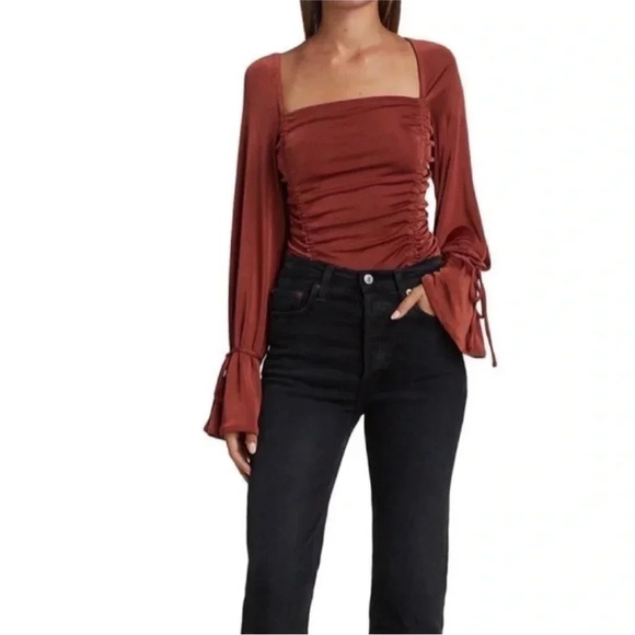 Free People Tops - Free People Ruched Long Sleeve Bodysuit Cherry Chai Bottom Snap Closure Small